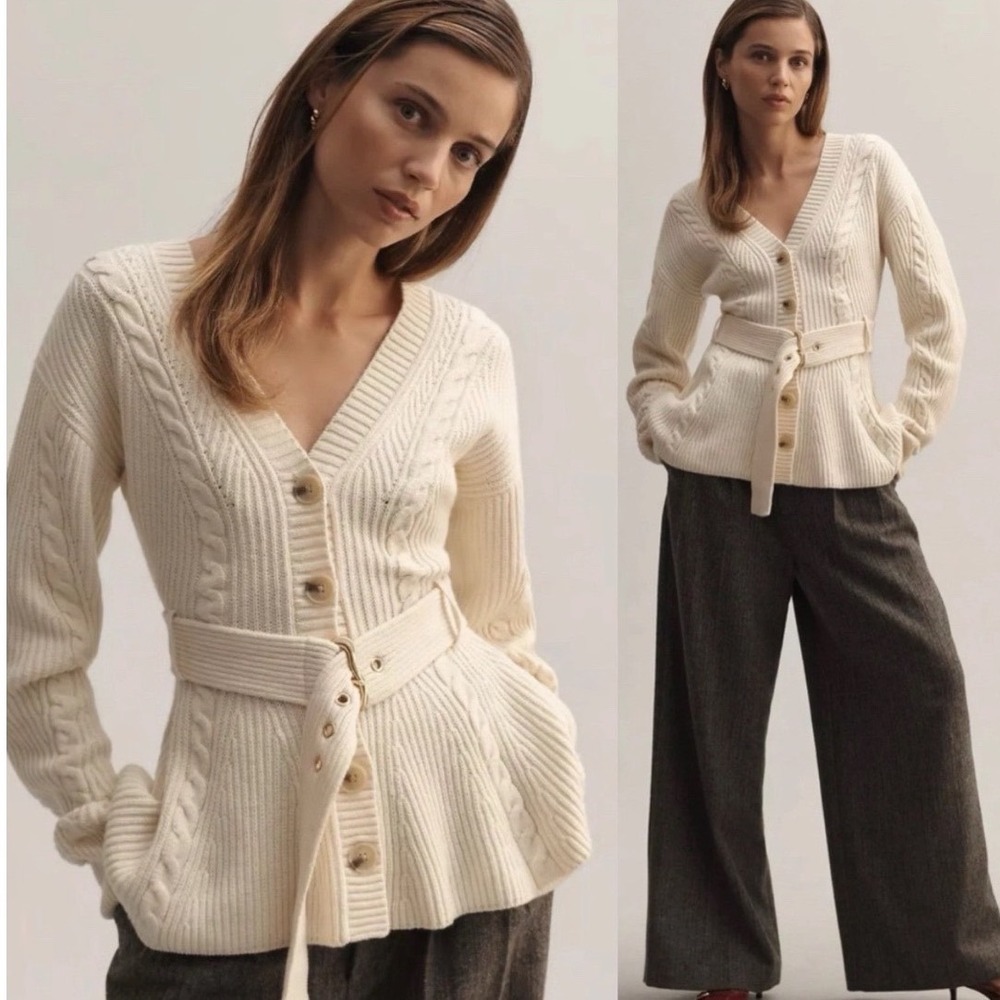 Anthropologie Maeve‎ Cream Cableknit Peplum Belted Cardigan Cozy Career Small